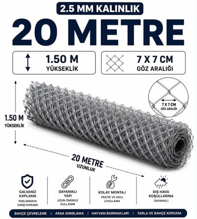 Bahçe Tel örgü 1,5 yükseklik 20 metre uzunluk 2 mm kalınlık 6,5 göz aralığında galvaniz Tel uygun fiyat 