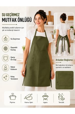 Su Geçirmez Haki Yeşil Mutfak Önlüğü – Ön Cepli, Arkadan Bağlamalı, Unisex Aşçı ve Yemek Önlüğü