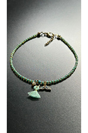 Balık Kuyruğu, Turkuaz Renk Boncuklu Halhal 35, Altın Rengi