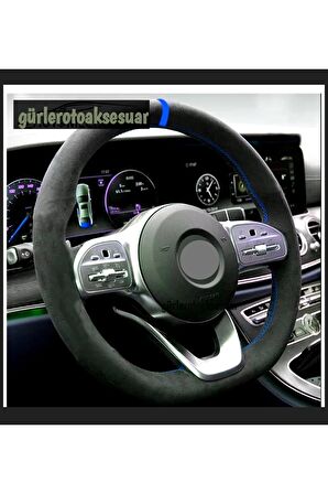 Opel Astra H Uyumlu Dikmeli Direksiyon Kılıfı Alkantra Mavi Yüzüklü