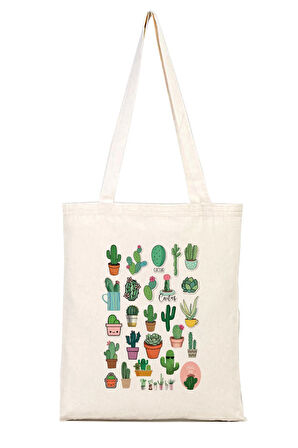 Kaktüs Desenli %100 Pamuk Bez Omuz Çantası