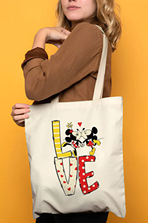 Love Miki Minnie Mouse %100 Pamuk Bez Omuz Çantası