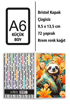 Tembel Hayvan Baskılı A6 Küçük Boy Çizgisiz Defter