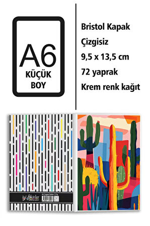 Kaktüs Desenli Baskılı A6 Küçük Boy Çizgisiz Defter