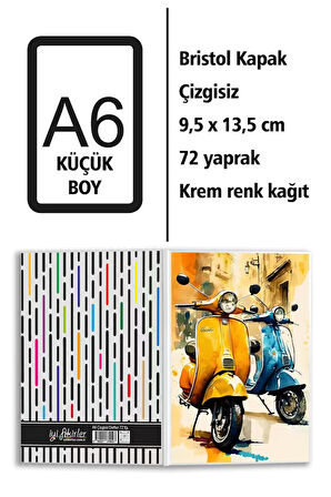 Retro Vespa Baskılı A6 Küçük Boy Çizgisiz Defter