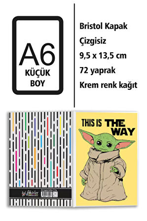 Baby Yoda Grogu Baskılı A6 Küçük Boy Çizgisiz Defter