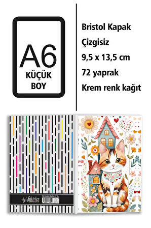Kedi Desenli Baskılı A6 Küçük Boy Çizgisiz Defter