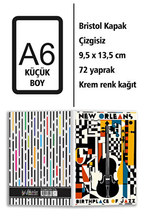 Jazz Müzik Temalı Baskılı A6 Küçük Boy Çizgisiz Defter