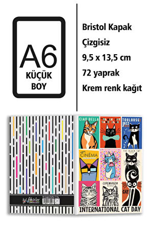 Retro Kediler Baskılı A6 Küçük Boy Çizgisiz Defter