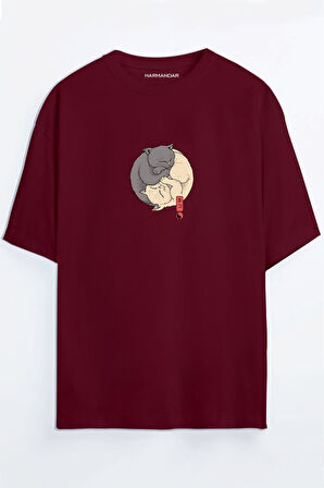 Ying Yang Kedi Baskılı Unisex Siyah Oversize T-shirt | 2XL