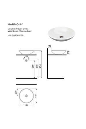 Harmony Oval Gövde Üstü Lavabo 45 Cm