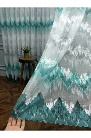 Harmony Zikzak Desen Turkuaz Renkli Tasarım 1/3kat Pileli Tül Perde