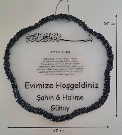 Kişiye özel sedefli metalik beyaz zemin, taş çerçeveli epoksi kapı süsü