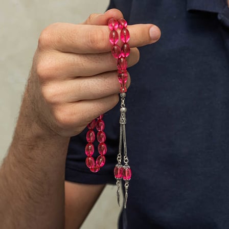 Gümüş Püsküllü Pembe Ateş Kehribar Tesbih