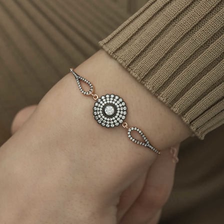 925 Ayar Gümüş Rose Elmas Montür Çiçek Bileklik