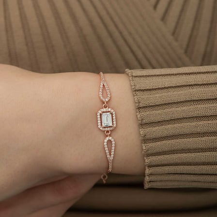 925 Ayar Gümüş Rose Dikdörtgen Baget Bileklik