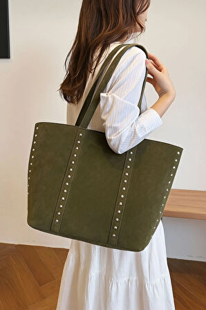 Elegance Suet Kadın Deri Görünümlü Taş Detaylı Büyük Boy Omuz Çantası