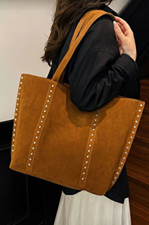 Elegance Suet Kadın Deri Görünümlü Taş Detaylı Büyük Boy Omuz Çantası