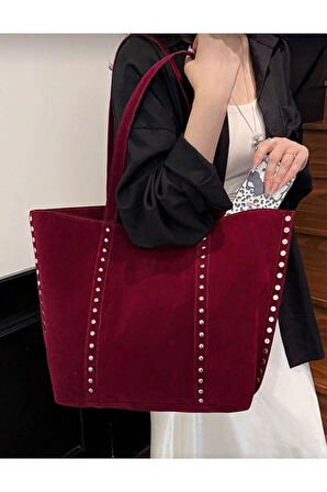 Elegance Suet Kadın Deri Görünümlü Taş Detaylı Büyük Boy Omuz Çantası