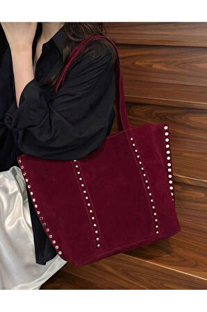 Elegance Suet Kadın Deri Görünümlü Taş Detaylı Büyük Boy Omuz Çantası