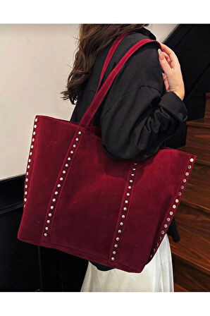 Elegance Suet Kadın Deri Görünümlü Taş Detaylı Büyük Boy Omuz Çantası