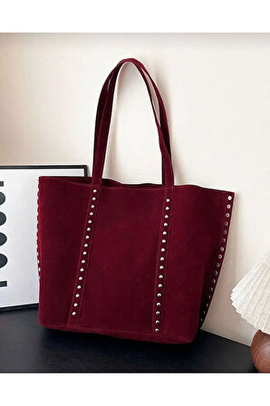 Elegance Suet Kadın Deri Görünümlü Taş Detaylı Büyük Boy Omuz Çantası