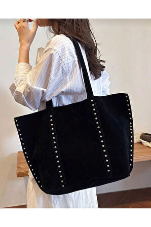 Elegance Suet Kadın Deri Görünümlü Taş Detaylı Büyük Boy Omuz Çantası