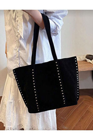 Elegance Suet Kadın Deri Görünümlü Taş Detaylı Büyük Boy Omuz Çantası