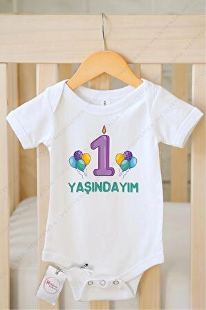 1 Yaşındayım Özel Tasarım Bebek Zıbın Pamuklu Çıtçıtlı Body