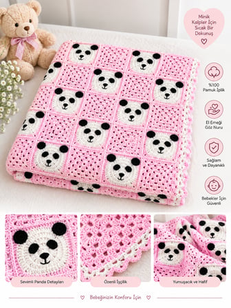 Milanın Elinden Panda Bebek Battaniyesi Beyaz - Pembe 100 x 100 cm Kız Bebek