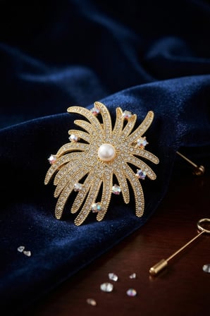 Zirkon Taşlı Gold Renk İnci Detaylı Broş 5886