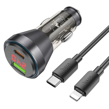 HOCO NZ12B Unimpeded PD48W USB + Type-C Araç Çakmaklı Hızlı Şarj Aleti + Type-C to iPhone Kablo-(5775)