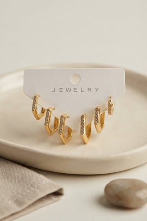 Gold Renk Zirkon Taşlı Pirinç Petek Model Kadın Küpe Seti 5886