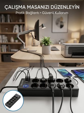 Akım Korumalı 10'lu Çoklu Priz USB-A ve Type-C Şarj Çıkışlı