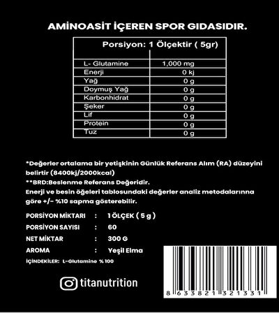 Titan Premium Glutamine 300 Gr-Yeşil Elma-Aroma