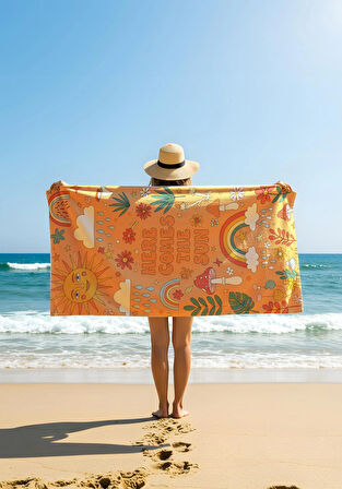 Here Comes The Sun Turuncu Plaj Havlusu – Tropikal Renkler & Yaz Simgeleri
