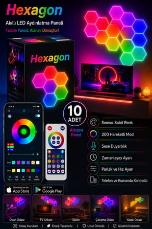 Hexagonel Oda Işığı Birleştirilebilir RGB-IC Telefon ve Kumanda Kontrollü 10 LU