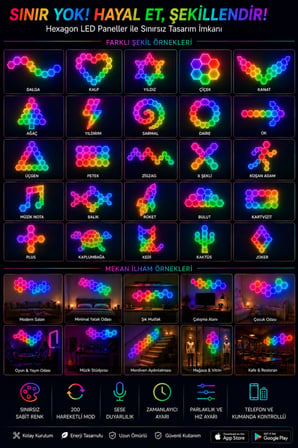 Hexagonel Oda Işığı Birleştirilebilir RGB-IC Telefon ve Kumanda Kontrollü 10 LU