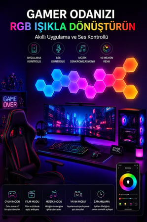 Hexagonel Oda Işığı Birleştirilebilir RGB-IC Telefon ve Kumanda Kontrollü 10 LU