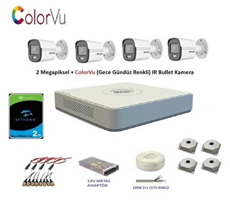 Hikvision 2mp 4 kameralı Dış ortam AHD HD-TVI ColorVu Gece Renkli Kamera Seti 2TB Disk