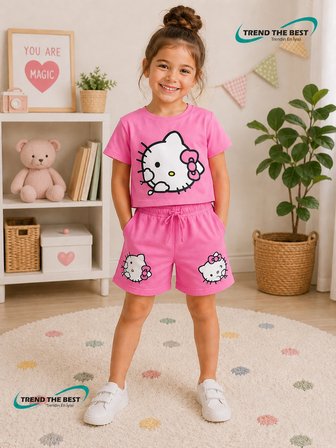Yazlık Hello Kity Resim Baskılı Kız Çocuk Pembe Şort, Pembe T-Shirt Takım