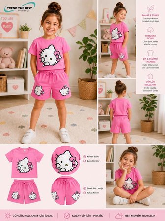Yazlık Hello Kity Resim Baskılı Kız Çocuk Pembe Şort, Pembe T-Shirt Takım