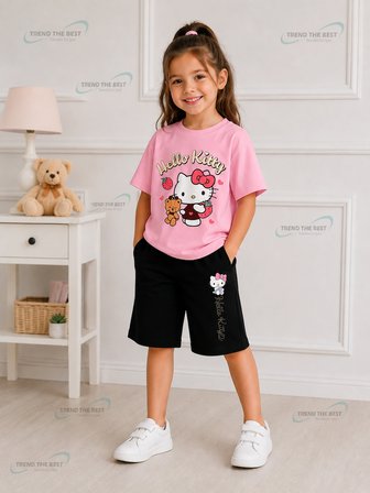 Yazlık Hello Kitty Baskılı Kız Çocuk Siyah Şort, Pembe T-Shirt Takım