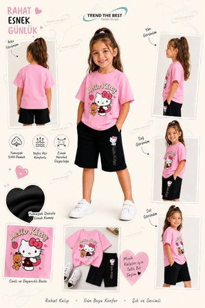 Yazlık Hello Kitty Baskılı Kız Çocuk Siyah Şort, Pembe T-Shirt Takım