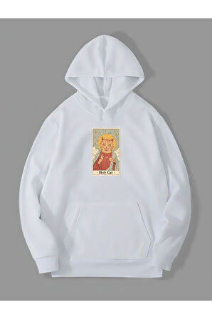 3 İplik Holy Cat Baskılı Beyaz Kanguru Cepli Kapüşonlu Sweatshirt Hoodie | S