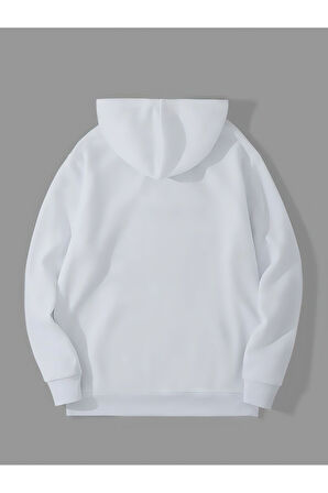 3 İplik Holy Cat Baskılı Beyaz Kanguru Cepli Kapüşonlu Sweatshirt Hoodie | S