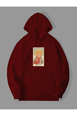 3 İplik Holy Cat Baskılı Kırmızı Kanguru Cepli Kapüşonlu Sweatshirt Hoodie | L