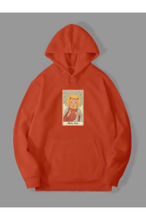 3 İplik Holy Cat Baskılı Turuncu Kanguru Cepli Kapüşonlu Sweatshirt Hoodie | XL