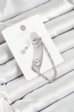 Pirinç Ok Figürlü Zirkon Taşlı Gümüş Renk 3'lü Kıkırdak Kadın Küpe Set 5886