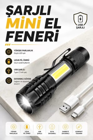 El Feneri Led USB Şarjlı Zoom Mini Led Işık Acil Durum Feneri